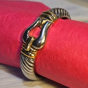 Stately Two-Tone Textured Belt Buckle Hinged Bangle Bracelet